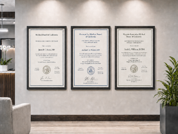 Clinic wall with MD, DO, and DHRM credentials